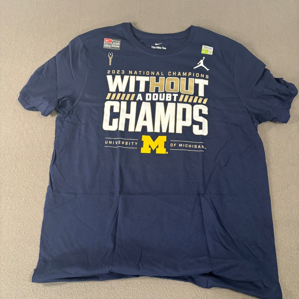 Nike Jordan Michigan 2023 National Champions T-Shirt Mens Size Large Navy Blue